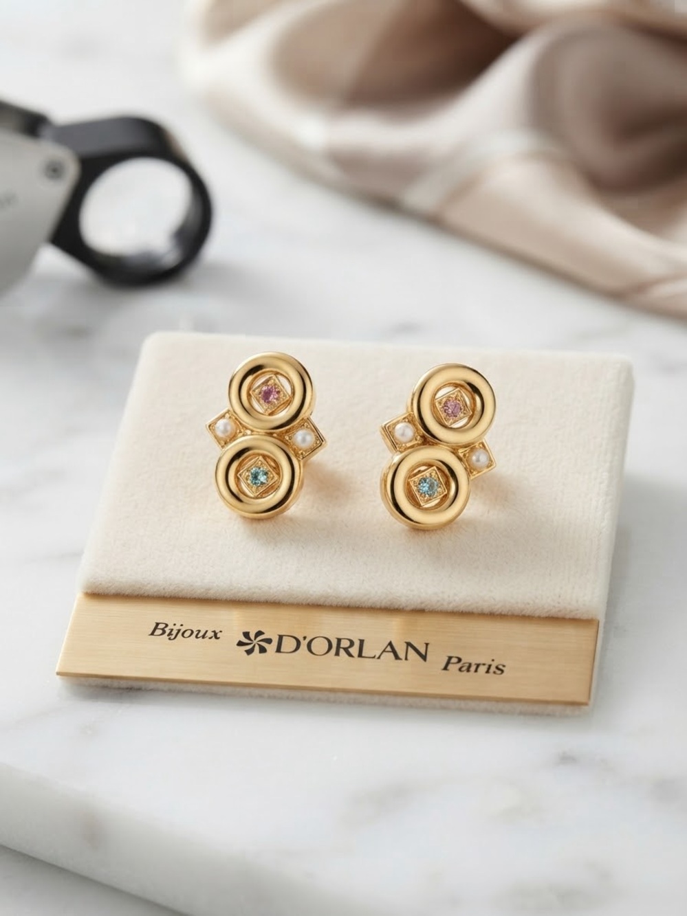 D'Orlan Gold-Plated Double Circle Stud Earrings with Pink & Blue Stones